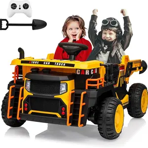 Yellow/Blue/Black 2 Seater Ride On Dump Truck, 24V Ride On Car Toy with Remote Control,Electric Dump Bed and Extra Shovel,2WD/4WD Ride On Construction Vehicle for Kids with Bluetooth,LED Light,Shock Absorption