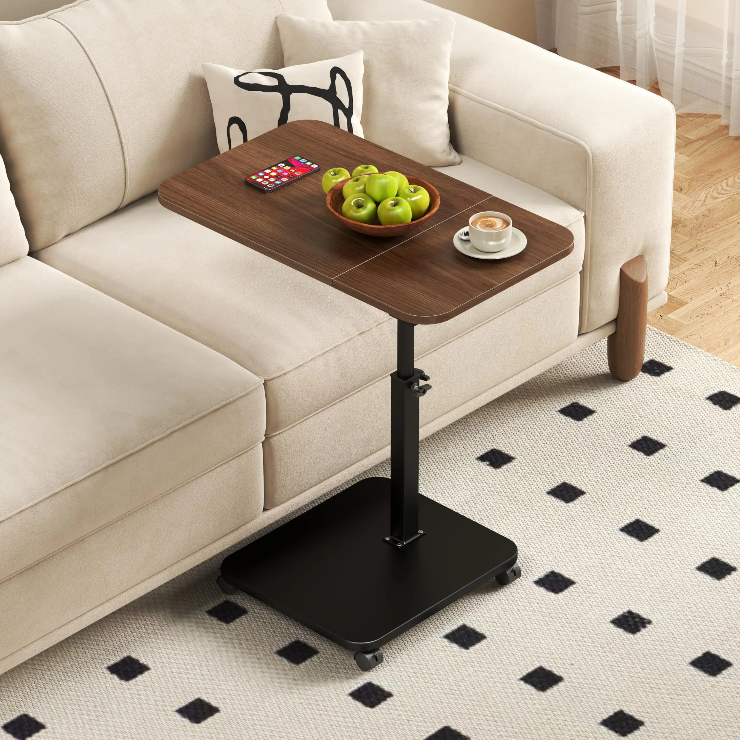 Height Adjustable C-Shaped Side Table with 180° Turnover Top, 360° Swivel Rolling Laptop Desk for Sofa & Bed, Mobile TV Tray Table That Slide Under Couch, Space-Saving End Table for Small Places, Living Room & Bedroom Workstation, Walnut