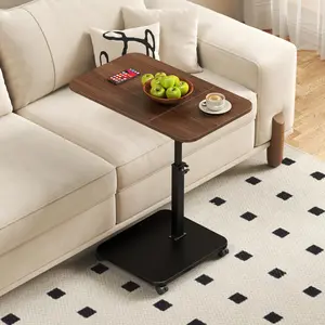 Height Adjustable C-Shaped Side Table with 180° Turnover Top, 360° Swivel Rolling Laptop Desk for Sofa & Bed, Mobile TV Tray Table That Slide Under Couch, Space-Saving End Table for Small Places, Living Room & Bedroom Workstation, Walnut