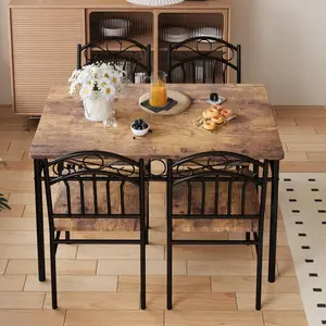 Garvee Industrial Retro Dining Set - 1 Rustic Brown Wooden Table with 4 Chairs, Perfect for Small Spaces and Breakfast Nooks