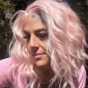 IMstyle Kiana Warm Peachy Pink Platinum Blonde 13*4 Lace Front Shoulder Length Short Style Natural Wavy Curly Syntehtic Wig for Daily Wear