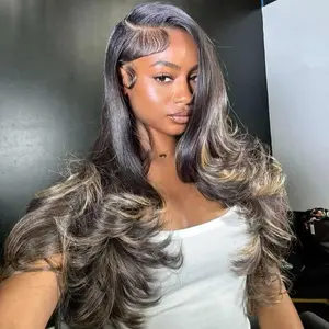 210% Density 13x6 Ombre Black to Balayage Highlights Lace Front Human Hair Wig Loose Body Wave Black to Ash Blonde Highlight Tone Wig Custom Hd Lace Wig Pre Plucked for Any Occasions