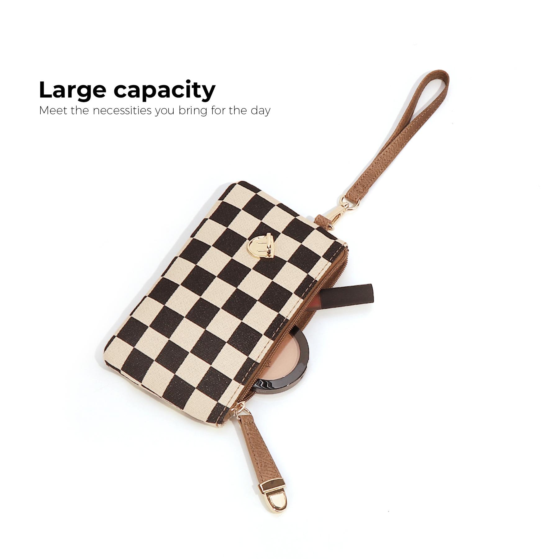 Women’s upgraded high-quality fabric; fashionable, portable long wallet with a checkered pattern; holds a phone; detachable wrist strap; premium gold zipper; gold accents; small everyday carry item.