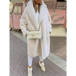 Women's 2025 Winter Plush Coat - Soft mid length lapel long sleeved jacket, faux white fur leather floor, machine washable, casual to semi formal daily and special occasions jacket, comfortable autumn and winter jacket, durable fabric, women's top