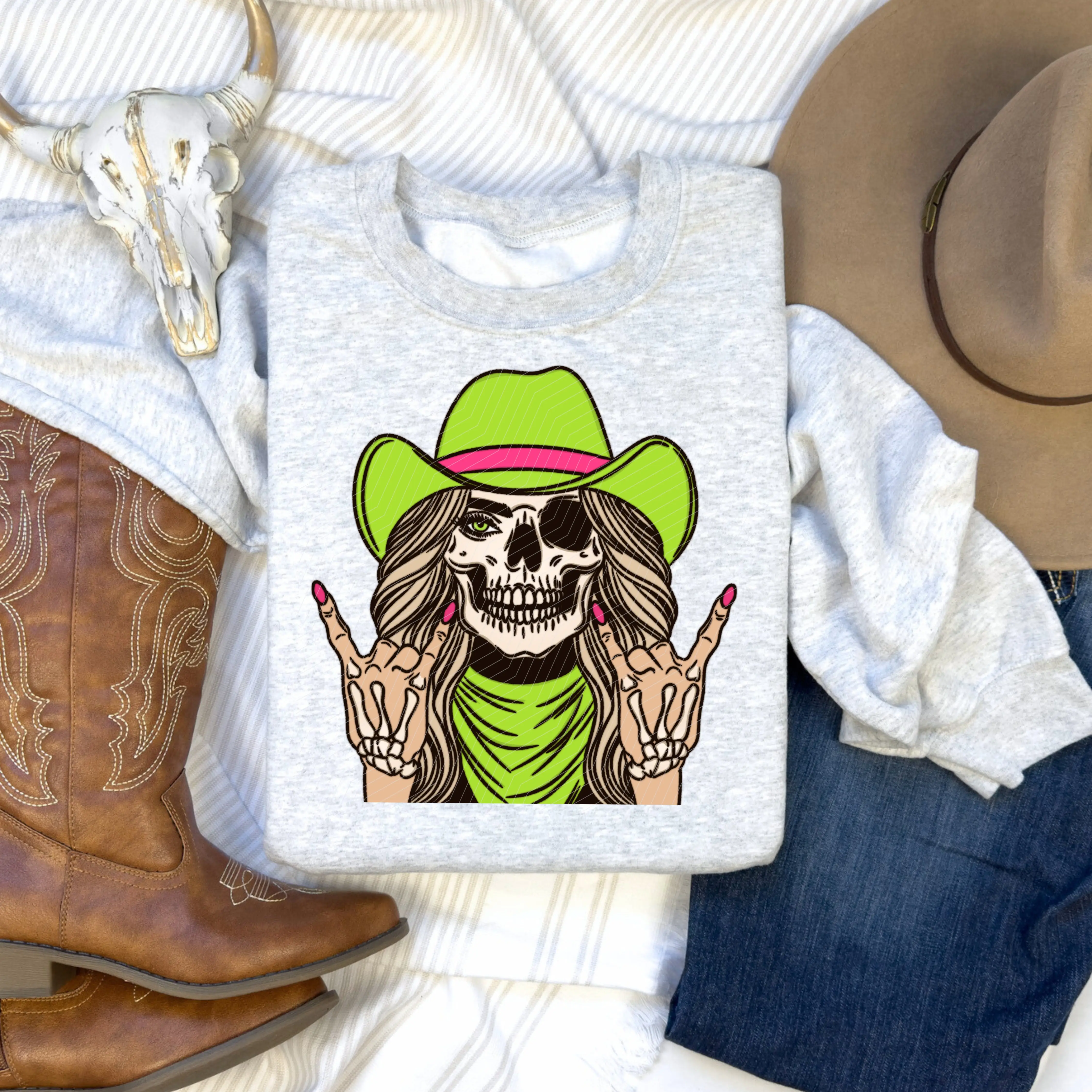 Neon Cowgirl Graphic DTF Transfers - Specialty DIY Supply, Cowgirl Style, 310F Application, Heavy Pressure Requirement, Hot Peel Method, Pre Press Shirt, All Seasons, None Shirt Included, Long-Lasting