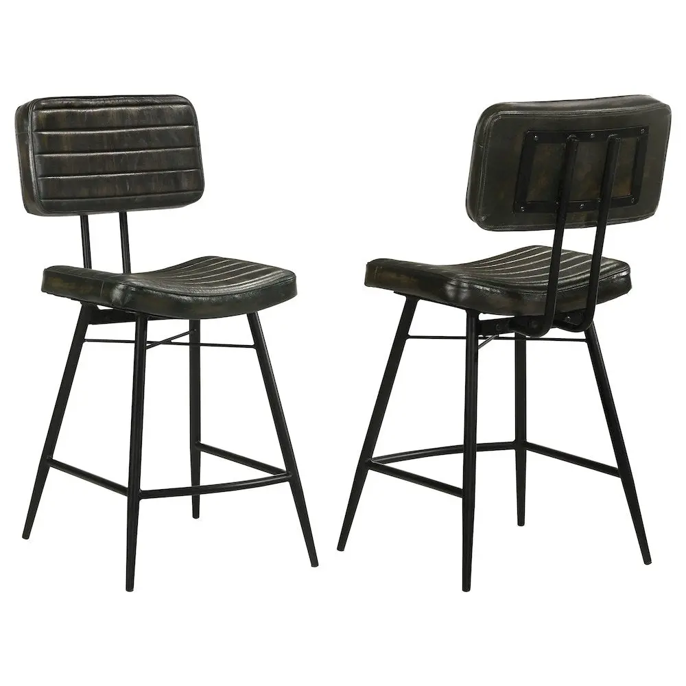 Industrial Tufted Back Counter Height Chairs (Set of 2) - Partridge Leather, Antique Espresso Finish, X-Shape Back, Channel Tufting, Welt Trim for Man Cave, Home Bar Furniture, Man Cave Ideas