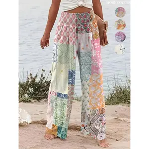 NewWomen's Patchwork Print Elastic Waist Wide Leg Pants, Boho Casual Trousers for Beach Vacation Holiday, Ladies Bottoms for All Seasons, Preppy 80s Clothes