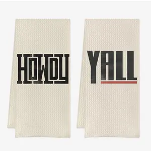 Western Howdy Yall Dish Towels, Waffle Weave Hand Towels for Bathroom & Kitchen - Set of 2, 16x24 Inches