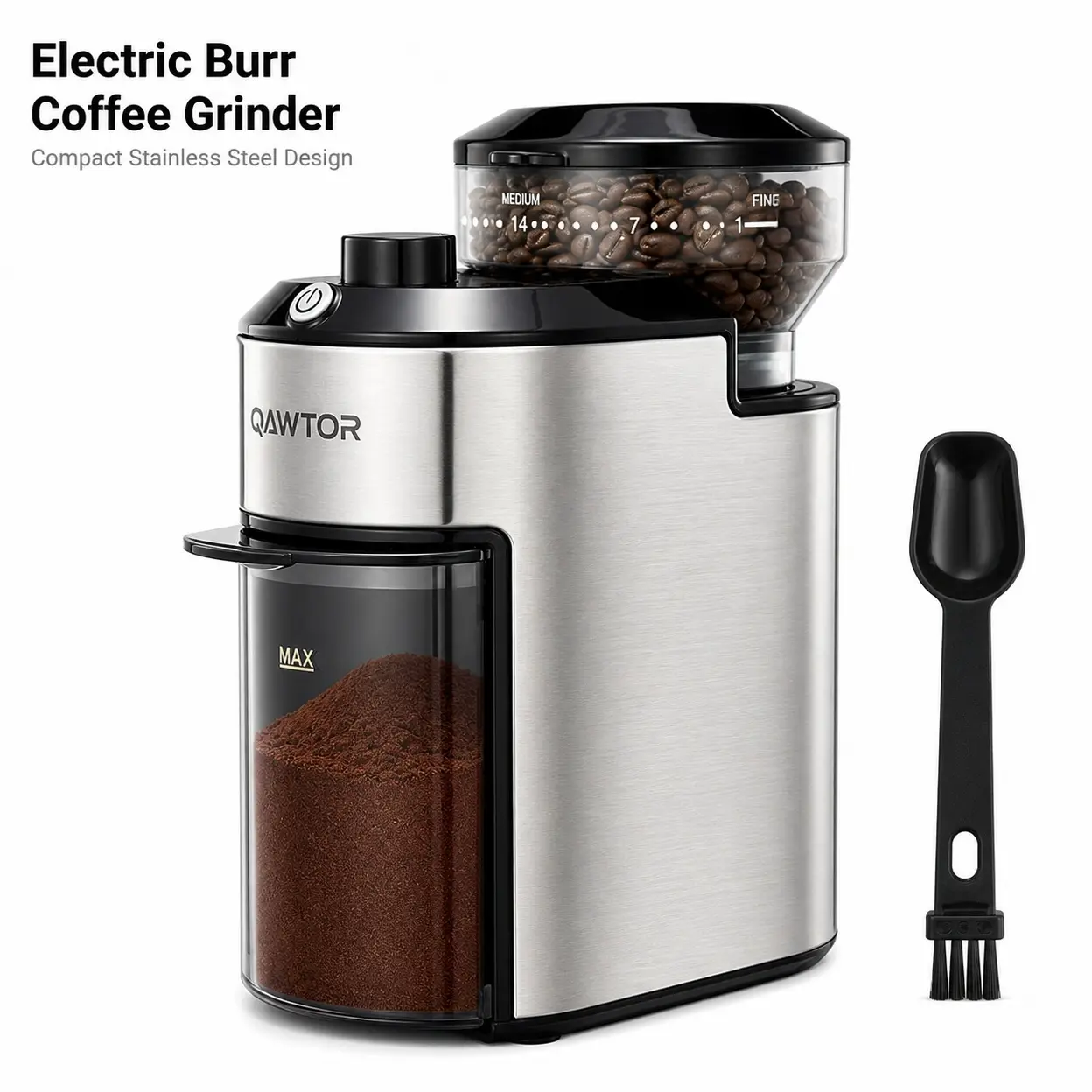 Qawtor Compact Electric Flat Burr Coffee Grinder - Compact Design, 28 Grind Levels, 200W Powerful Motor, 1-Touch Operation, Quiet, Easy-to-Clean, Beginner-Friendly for Home Coffee Enthusiasts, Espresso, Daily Use