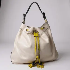 Boden White Leather Bucket Bag with Yellow Tassel Drawstring