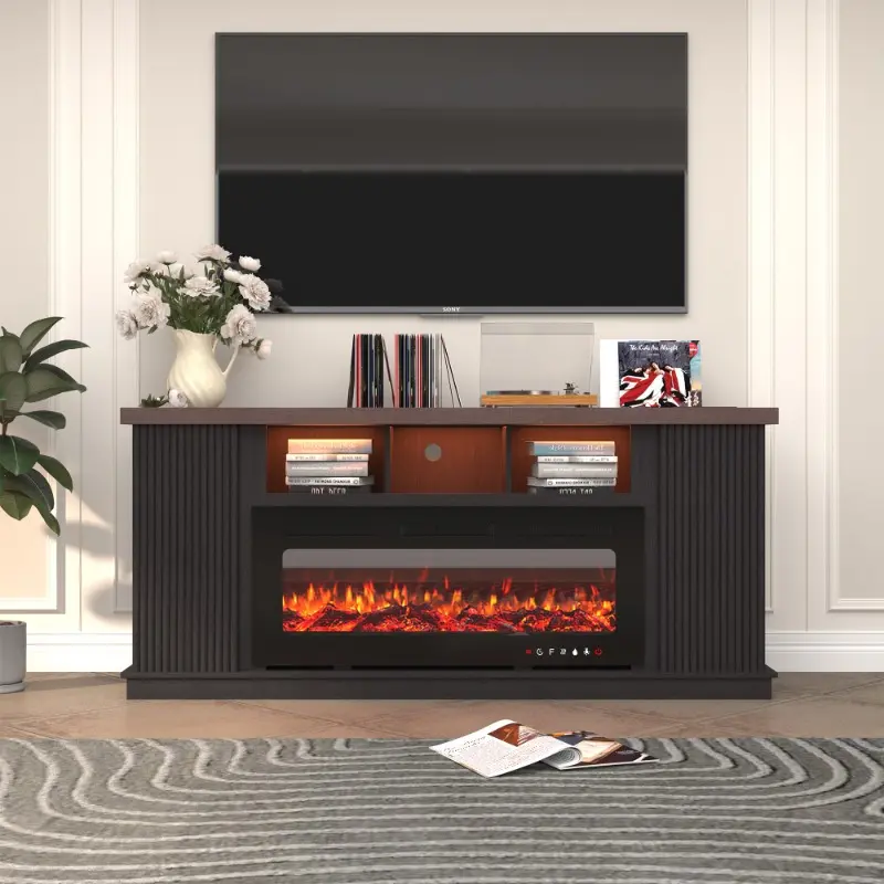 70 Inch Entertainment Center with Electric Fireplace - Elegant Two-Door Main Cabinet with LED Light Bar for Living Room