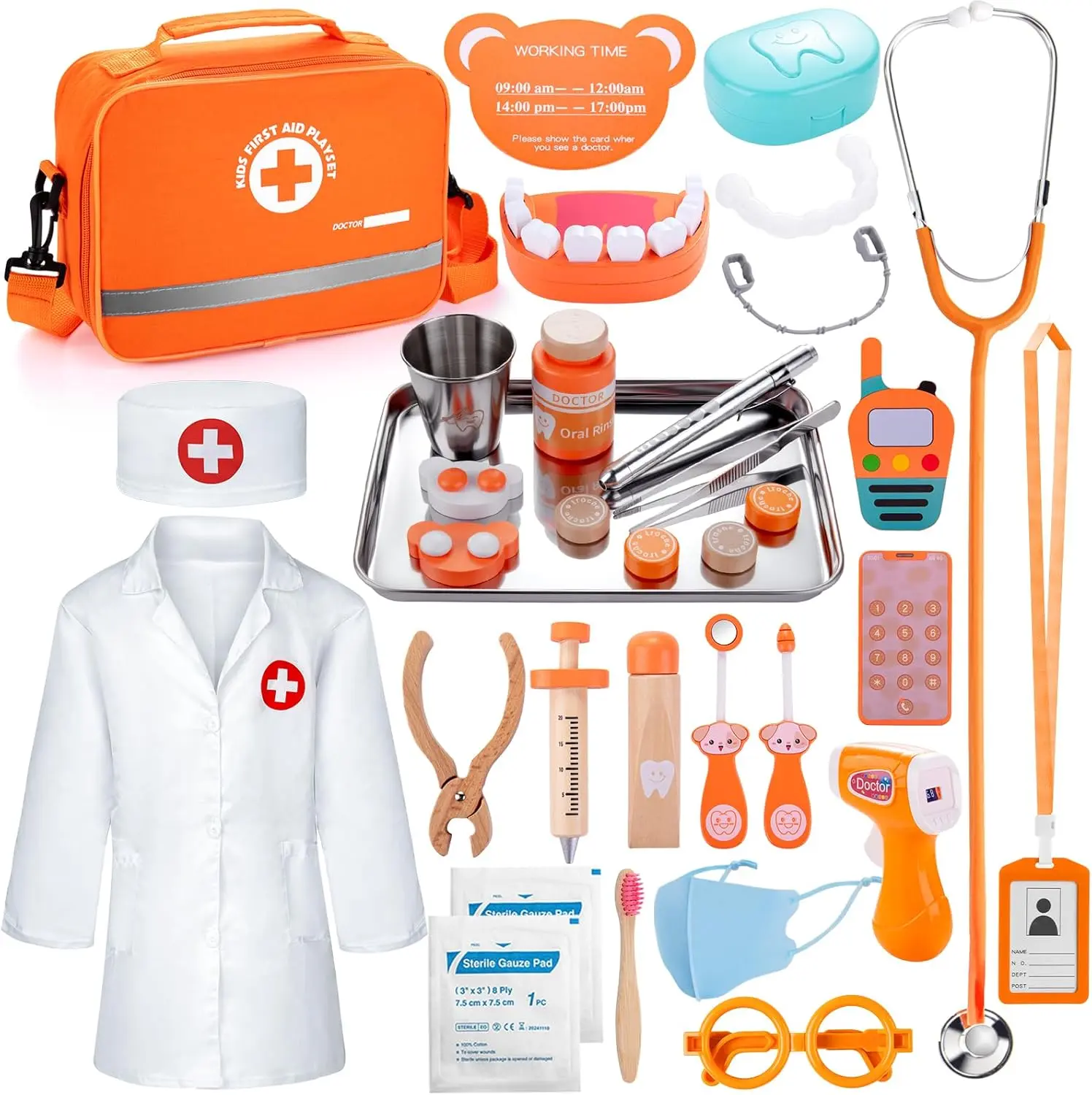 Kids Dentist Play Set with Wooden Doctor Kit, Real Stethoscope, Removable Teeth, Braces & Storage Bag for Boys & Girls Ages 3-5