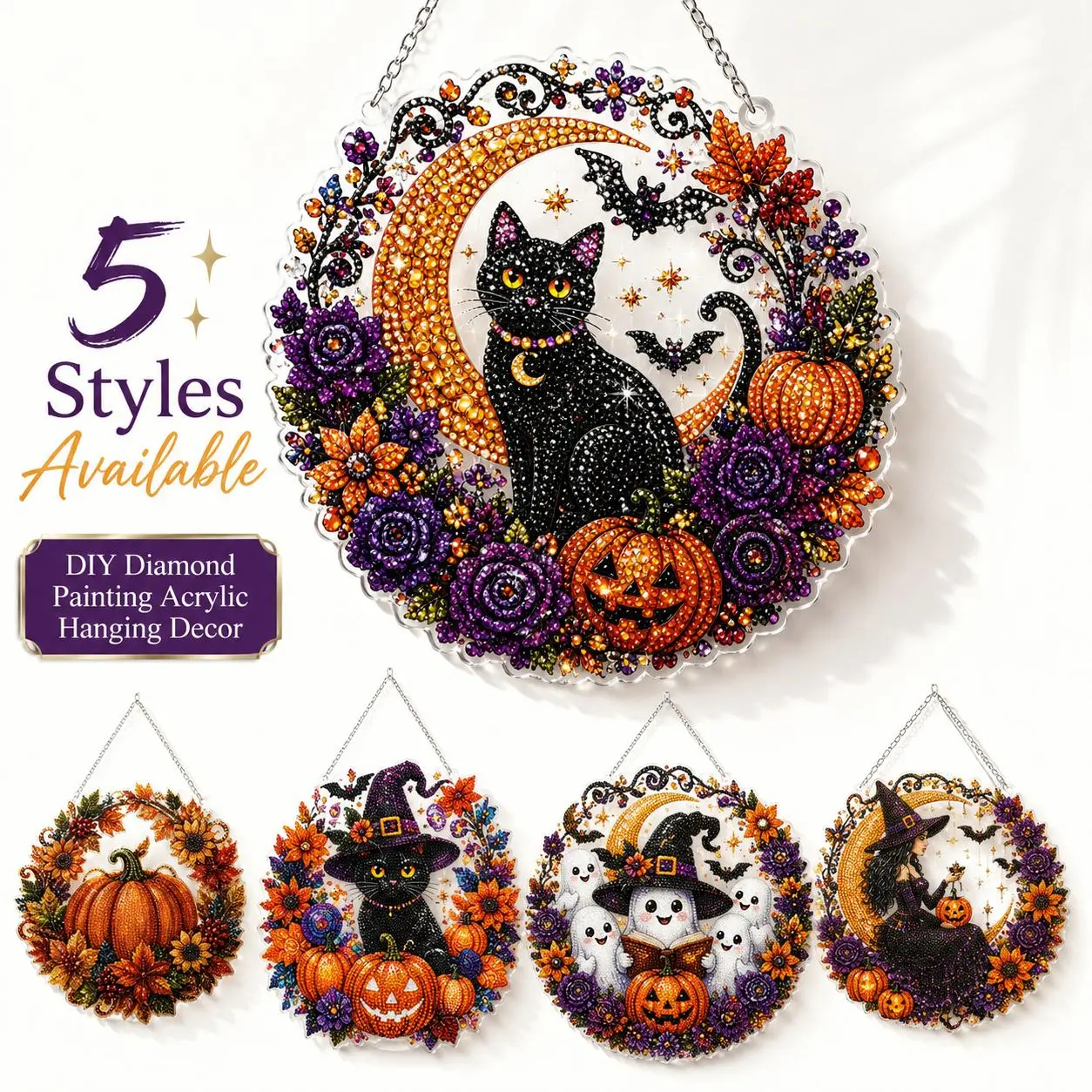 Halloween Diamond Painting Suncatcher Kit, 9.84" Black Cat Moon Skull & Pumpkin DIY Rhinestone Craft, Sparkling Hanging Window Decor, Spooky Home Wall Decoration, Craft Gift for Adults & Kids