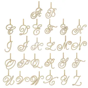 European and American Hip-Hop Pendant Cursive English Letter Pendant 18K Gold Inlaid Zircon Nightclub Disco Necklace (Letter Pendant + Braided Chain 60cm)