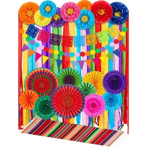 Epakh 29 Pcs Cinco De Mayo Decorations Mexican Fiesta Party Decorations, Paper Fans, Flowers, Table Runner, Banners, Streamers, Pom Poms for Mexican Party Decor Hispanic Heritage Month Decor