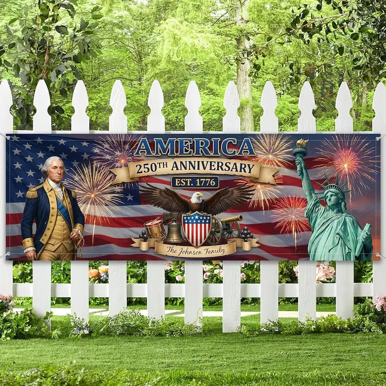 Personalized America 250th Anniversary House Banner Custom Family Name Outdoor Patriotic Yard Decor, 1776-2026 Celebratory Front Porch Sign for Independence Day 2026 Home Display
