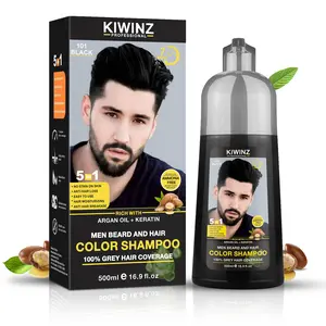 KIWINZ PRO 5 in 1 Men Beard & Hair Dye Shampoo - 5-in-1 Formula with Argan Oil & Keratin - No Stain on Skin - Anti-Hair Loss - Moisturizing & Breakage Solution - Hair Color Shampoo for Men Haircare Conditioner 500ml