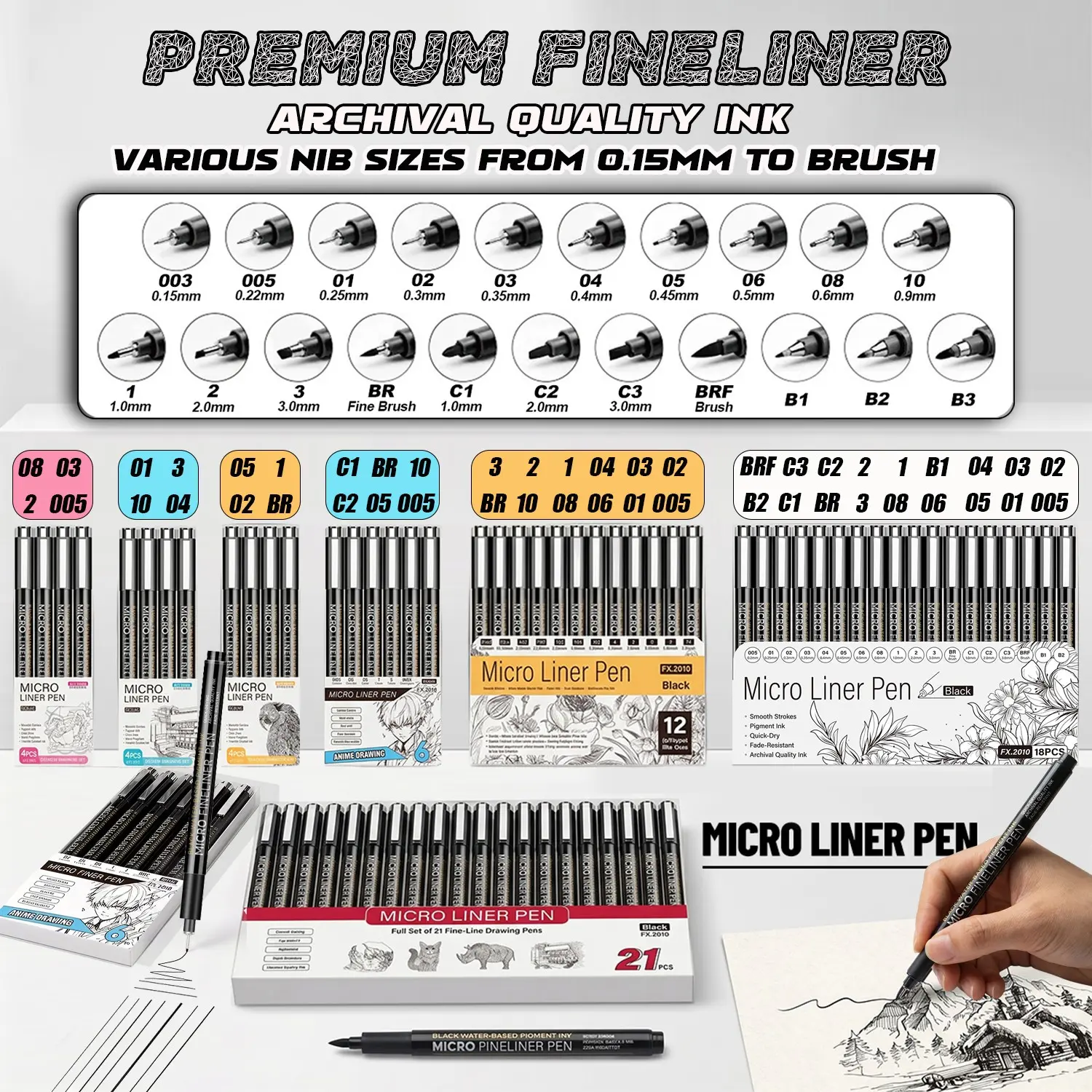 Micron Pen Set - 4/6/12/18/21 Pieces, Fine Point Pens, Ideal for Drawing, Sketching, Writing, Perfect Gift for Students