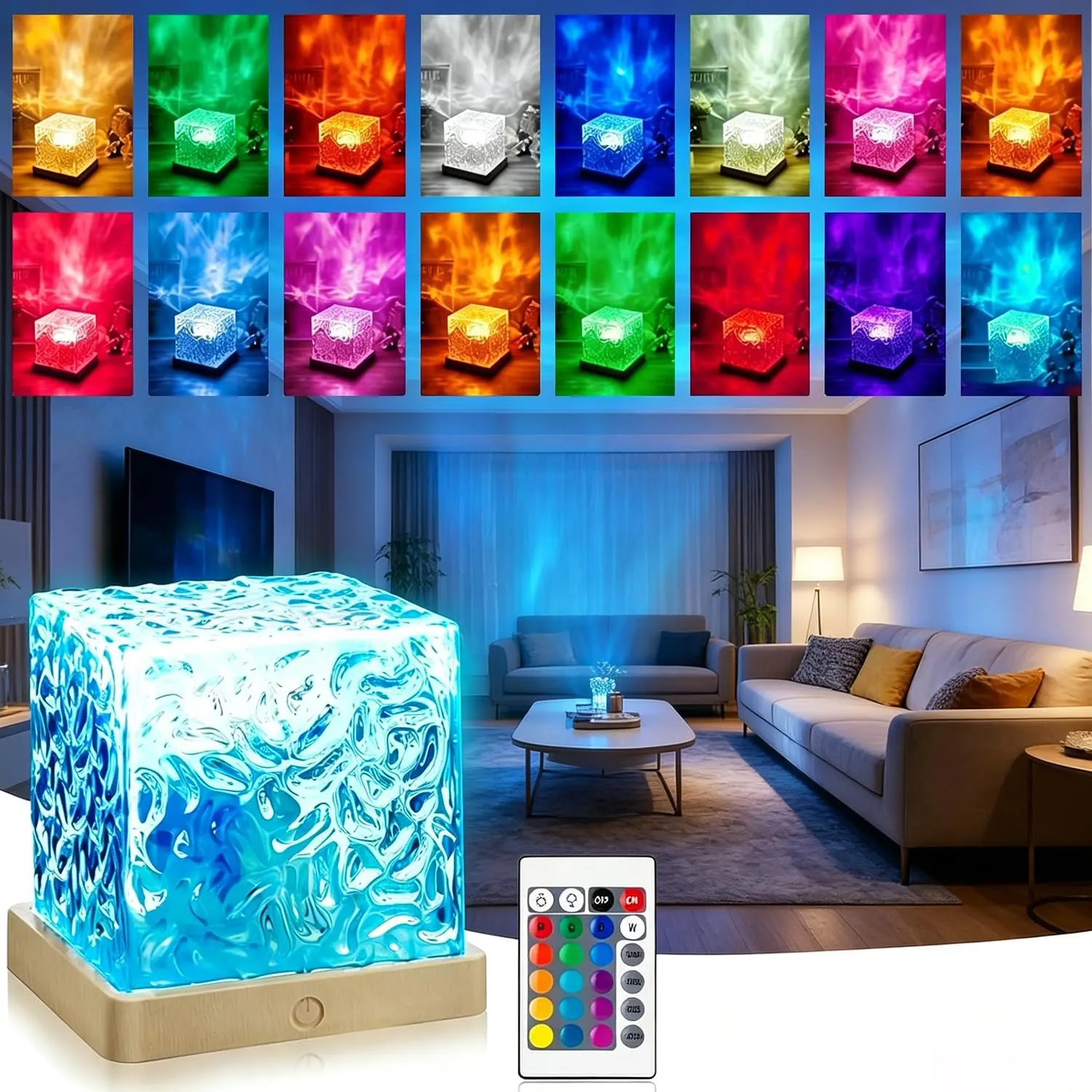 【Christmas Decorations】Ocean Wave Projector Cube Light, Corded Ocean Wave Lamp with Remote, Northern Lights Projector with 16 Colors & Dynamic Ripple Effect for Living Room Bedroom Decor