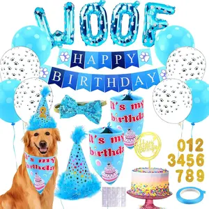 Dog Birthday Party Supplies Adjustable Dog Bandana Set with Hat Banner Balloons Bow Tie for Large Medium Small Pet Puppy Dogs Party Decorations Photos Celebrations