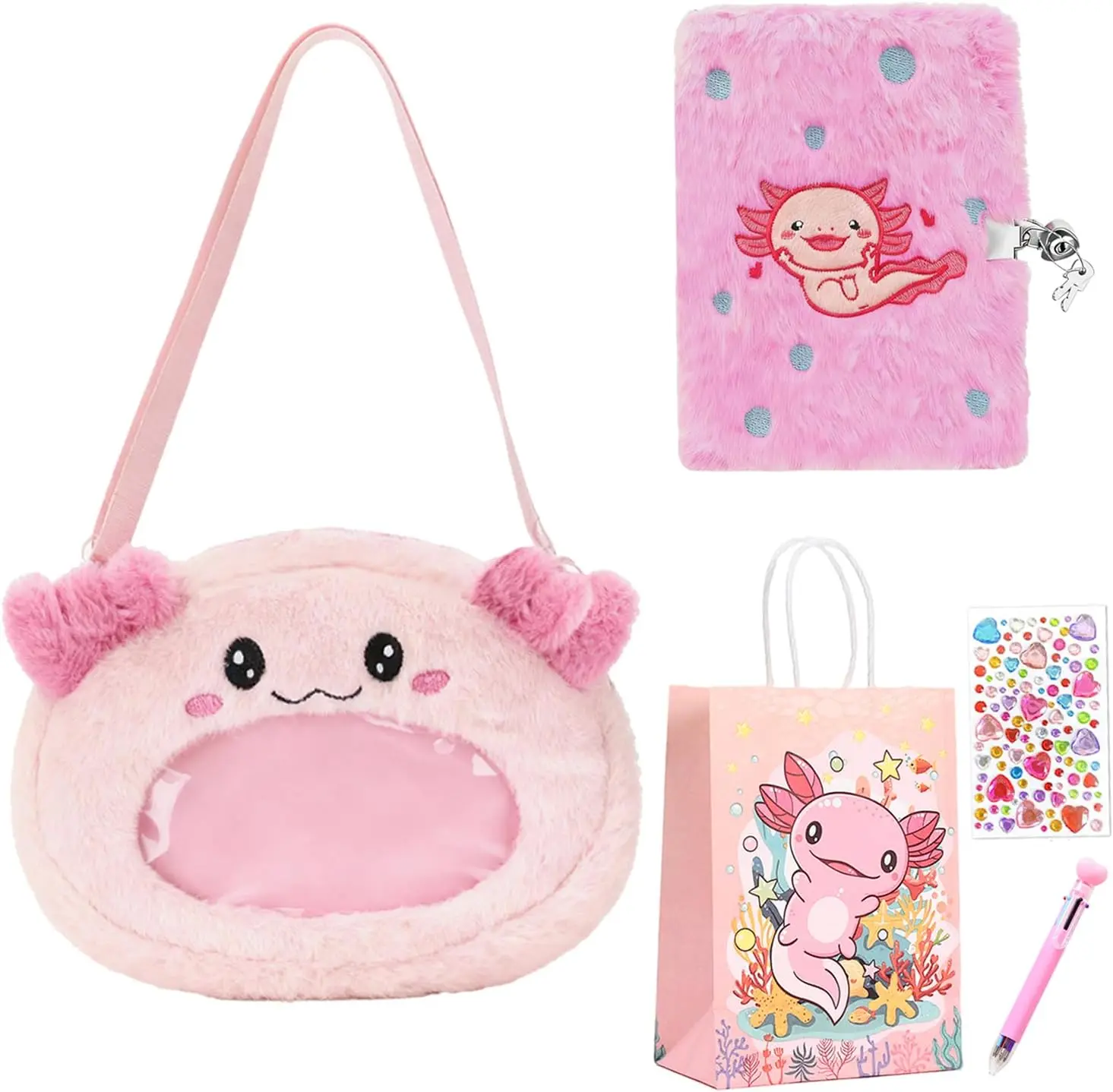 Axolotl Gift Set for Girls,Axolotl Diary Kit with lock,Secret Diary Journal Notebook,Axolotl Crossbody Bag Adjustable Shoulder Strap,Multicolored Pen,Stickers.