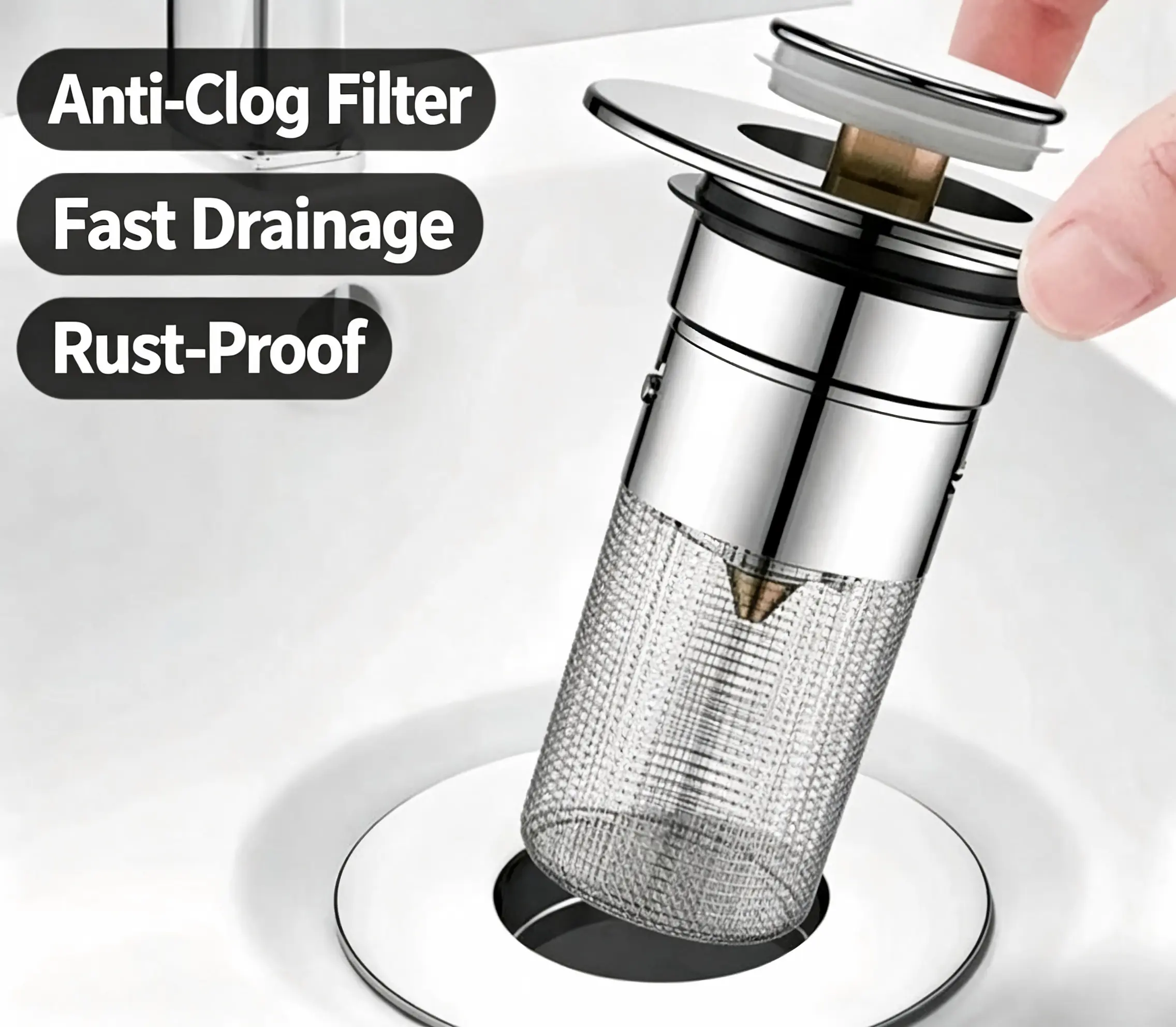 Pop-Up Sink Drain Stopper with Hair Strainer Filter, Anti-Clog Leakproof Bathroom Basin Drain Filter, Easy Install Sink Drain Replacement with Detachable Mesh Basket