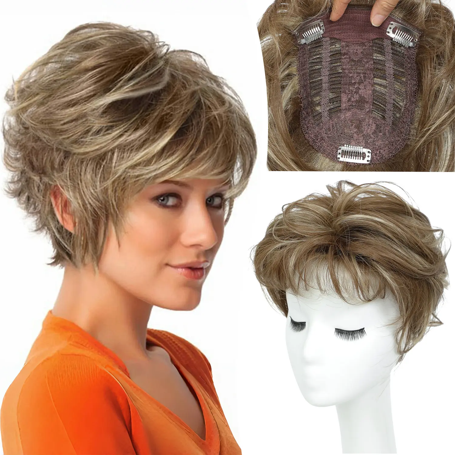 Short Pixie Cut Toppers Hair Pieces for Women Hair Toppers for Women with Thinning Hair Synthetic Wig Toppers for Thin Hair Highlight Clip In Hair Topper Wiglets