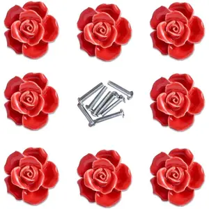 Handle Knobs, Elegant Pink Rose Pulls Flower Ceramic Cabinet Knobs Cupboard Drawer Pull Handles + Screw Furniture Handle knob Ornament(8 Pieces) (Red)