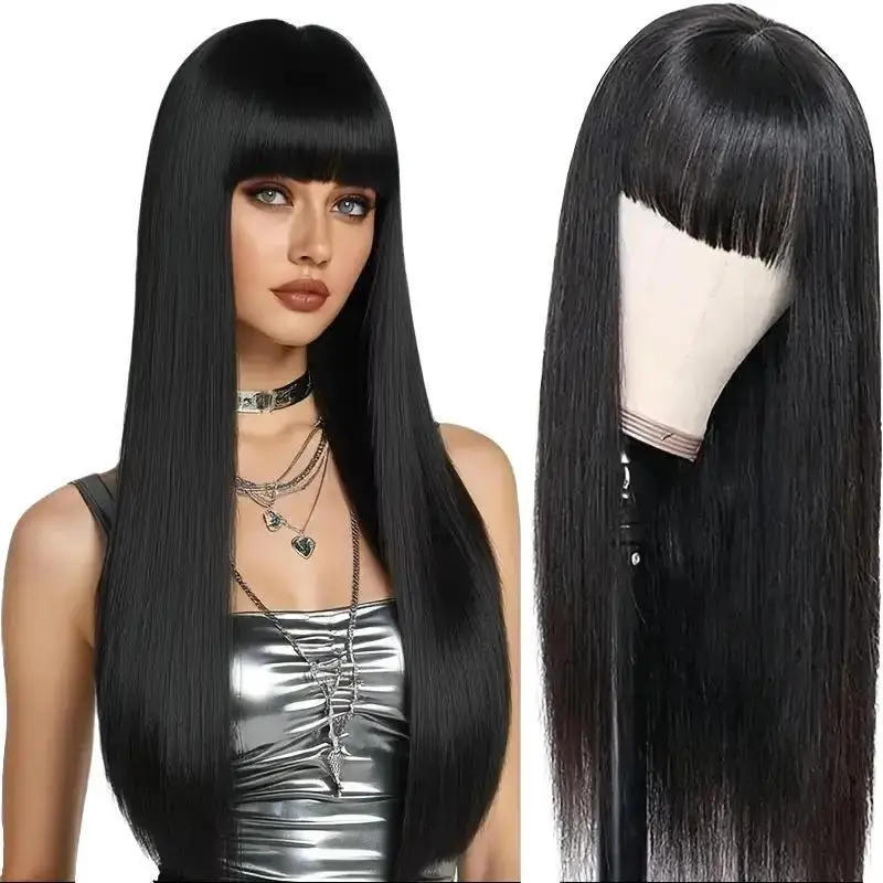 30in Synthetic Full Machine Hair Wig - Elegant Black Long Straight Wig with Bangs, Heat-Resistant Fiber for Styling, Sleek Strands, Adjustable Buckle Closure for Daily Wear