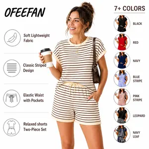 OFEEFAN Two Piece Sets for Women Summer Lounge Short Sets Cap Sleeve Crew Neck Sweatsuit with Pocket XS-2XL Womenswear