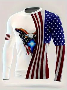 Men's Long Sleeve T-Shirt, American Flag Eagle Graphic Print, Round Neck Casual Top, Spring & Fall Daily Wear, Fitted Style