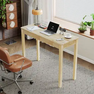 CocoHouse Solid Wood Desk with Drawers - Simple Narrow Desks, Rubber Wood Study Table, Small Writing Desk for Small Spaces|Bedroom - Natural Boho Desks