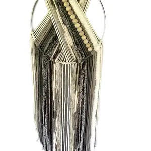 Neutral Macrame Wall Hanging with Beads Textured Yarn Hoop Art Boho Home Decor Handmade Fiber Art Modern Macrame Wall Decor