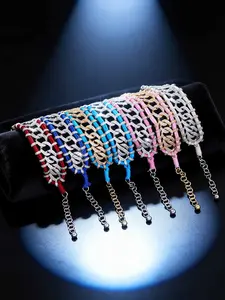 Boho Style Copper-Woven Wool Bracelet, Moon-Shaped Shining Accessory, Iced Out Bling Jewelry, Cuban Chain Design Wristband Gift