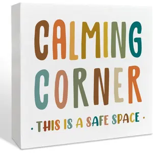 Calming Corner Classroom Wood Box Desk Decor Sign, Calm Down Corner Safe Space Decor for School Counselor Counseling Office, Gifts for School Counselor Counseling Women Men 5x5 inch