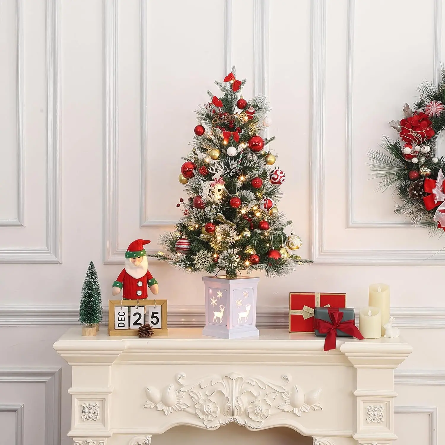 3ft Mini Christmas Tree, Pre-Lit Artificial Tree with 78 Warm White Lights, Tabletop Christmas Tree with Timer Function, Snow Flocked Xmas Tree with Elk Base, Battery Operated