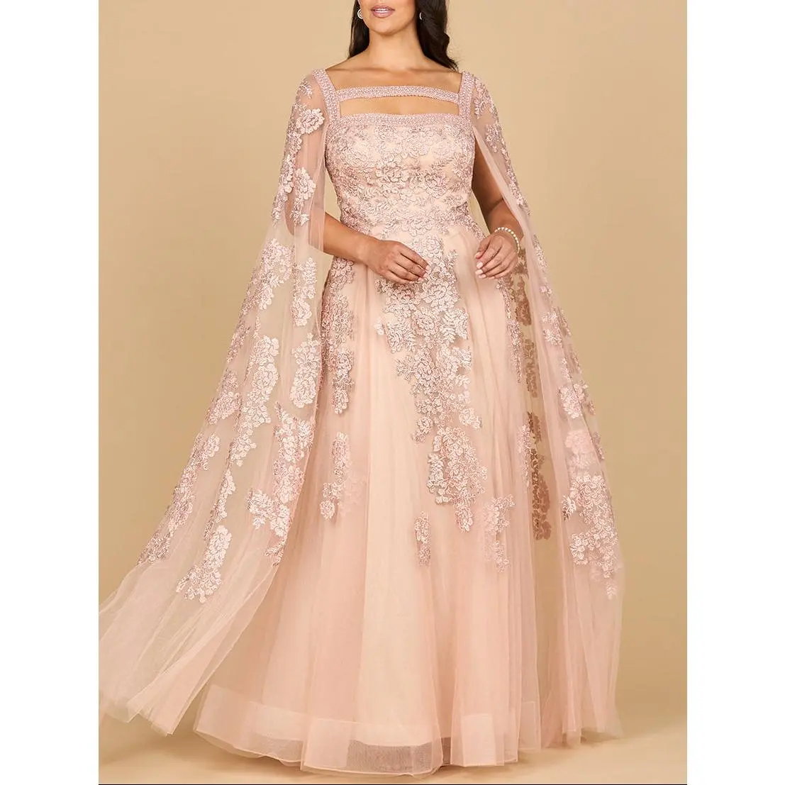 Lace Embroidered Gown with Long Cape Sleeves