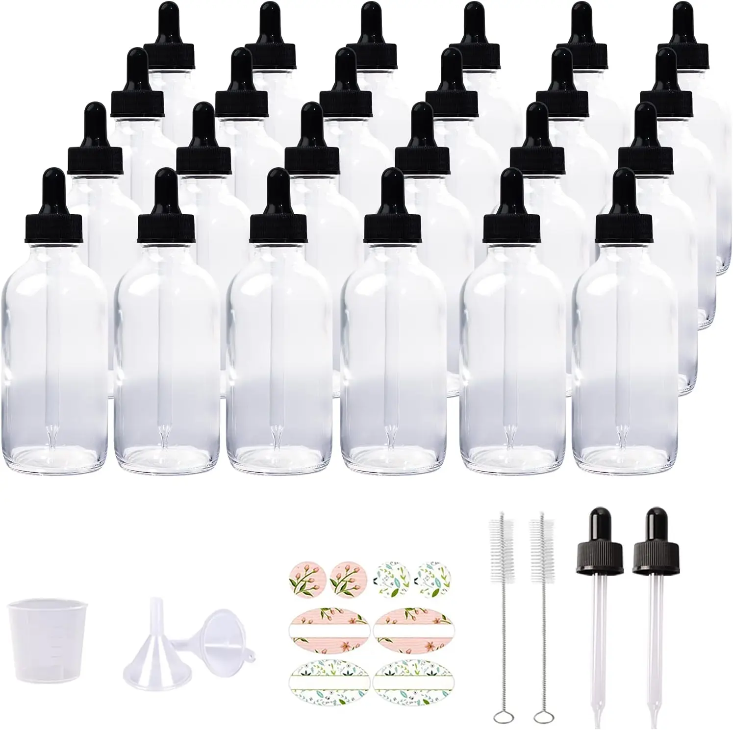 24 Pack 4oz Clear Glass Bottles with Glass Eye Droppers for Essential Oils, Perfumes & Lab  (2 Brushes, 2 Funnels, 2 Extra Droppers, 36 count Labels & 30ml Measuring Cup Included)