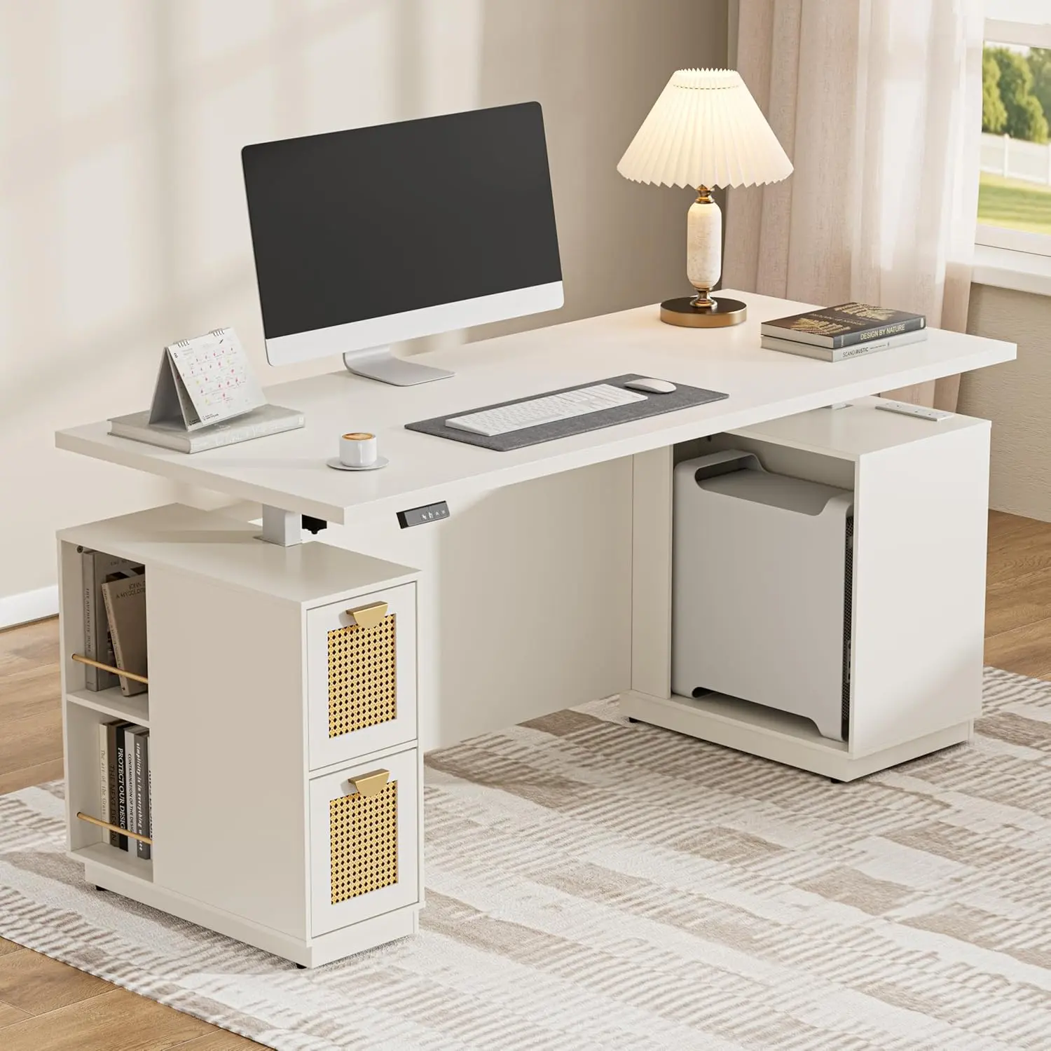 [2 Packages Shipping]ModernMate 71" Standing Desk with Storage, Large One-Piece Desktop, Electric Height Adjustable Stand Up Executive Desk, Privacy Panel, AC/USB, Host Storage, White Rattan