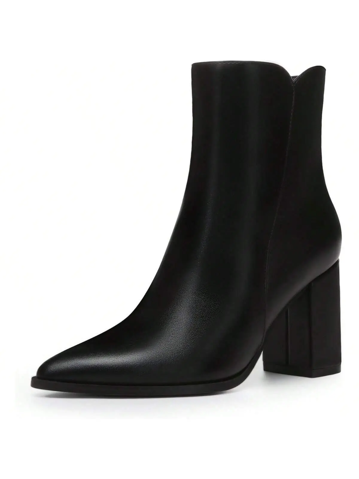 Women's Pointed Toe Ankle Boots – Chunky Block Heel PU Leather Side Zipper Casual Short Booties for Work, Office & Everyday Wear