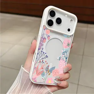 Pink Floral Pattern Clear Magnetic Phone Case , Compatible with MagSafe Silicone Bumper Protective Cover ForiPhone17/16/15/14/13/12/11/X/XS pro max plusSamsungS22/S23/S24/S25FE PLUS ULTRA
