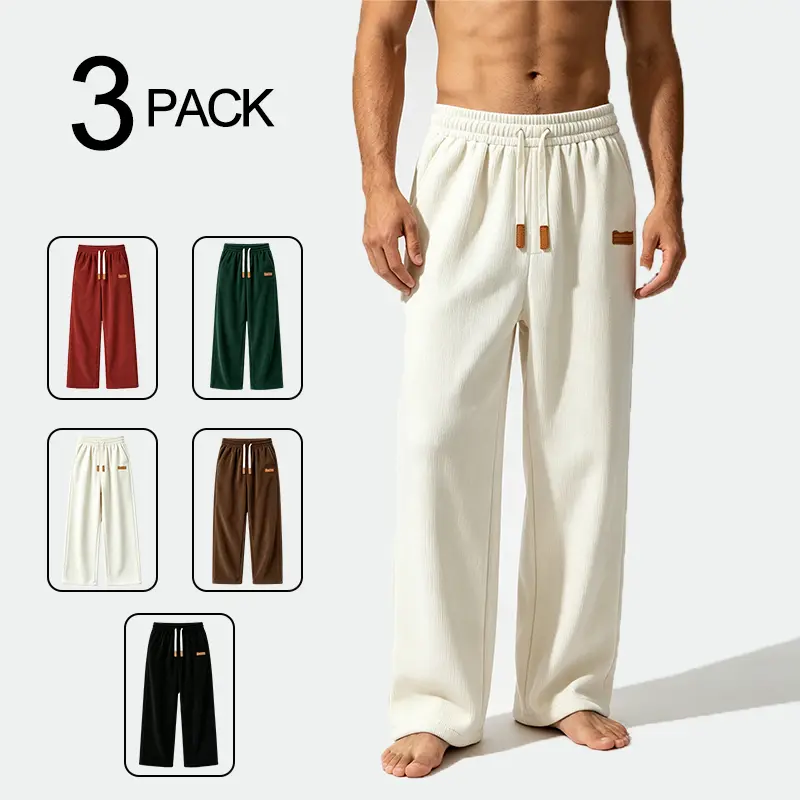 3 Pack Men’s Casual Long Pants Elastic Drawstring Wide Leg Athletic Pants Tag Decoration Lightweight And Breathable Wide Leg Straight Cut Solid Color Versatile Available In Multiple Colors
