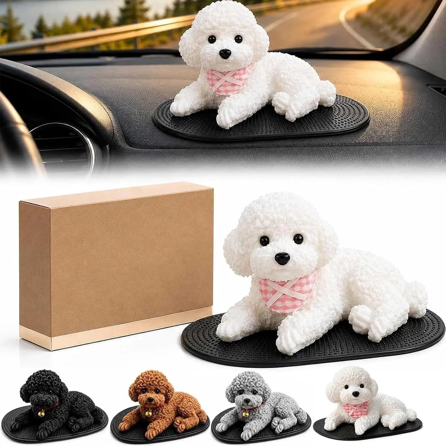 Silicone Adorable Bobble Squishy Puppy Dog Dashboard Buddyhead Decoration Car Ornament Accessories Realistic Teddy Dogs Figurine Dash Accent Anti-Slip Mat Automotive Interior Decor for Dog Lover