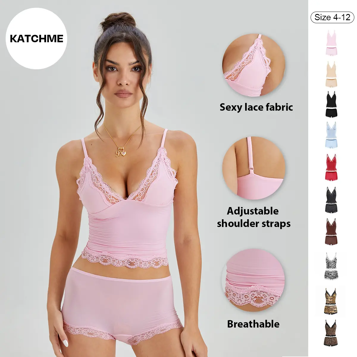 LUMENNEST Women's 2-Piece Elegant Lingerie Set, Minimalist Lace Series Spaghetti Straps Deep V-Neck Wirefree Breathable Pull-On Wear Camisole & Panties Basic Underwear