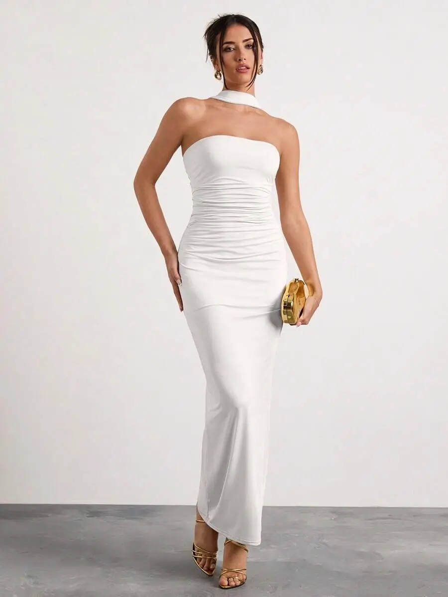 Glamine Beige Color Off The Shoulder Ruched Halterneck Maxi Dress,Holiday Party Carnival Dress,Date Night Glamine Beige Color Off The Shoulder Ruched Halterneck Maxi Dress,Holiday Party Carnival Dress,Date Night