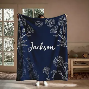 Custom Flannel Graphic Blanket Throws - Personalized Name Minimalist Line Flower Navy Flannel Plush Fluff Marshmallow Large Oversized Soft Throw, Cozy Warm for Sofa Bed, Neutral Monogram Keepsake Decor Gift for Loved Ones, Large Blanket Throws, Oversized