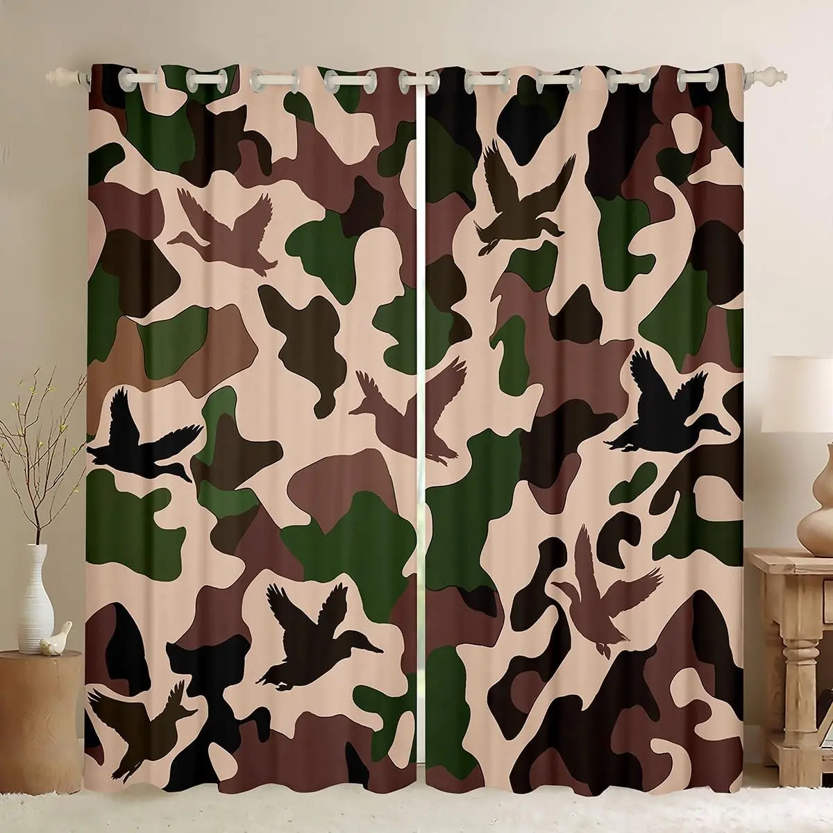 Feelyou Camouflage Print Velvet Home Decoration Curtains, Darkening Privacy Grommet Drapes, Army Green Black Duck Hunter-Themed Bedroom Window Treatments, Home Decoration Curtain, Privacy Grommet Curtains