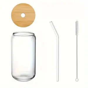 Set of 4pcs (1pc 550ML Water Cup + 1pc Bamboo Lid + 1pc Glass Straw + 1pc Straw Cleaner), 21.3Oz (603.8G) High Borosilicate Glass Water Cup, Reusable Glass Containers, Drinkware, Suitable for Iced Coffee, Tea, Home Or Restaurant