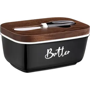 Black Butter Dish with Lid and Knife for Countertop - Airtight Ceramic Butter Keeper Container with Thick Acacia Wood Lid for Counter or Fridge - for Farmhouse Kitchen Decor and Accessories