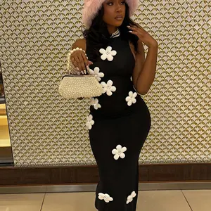 Women's Flower Design Rhinestone Decor Tank Dress, Elegant Chic Mock Neck Bodycon Maxi Dress, Ladies Summer Clothes